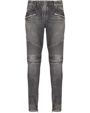 Balmain Logo Patch Slim-Fit Biker Jeans - Grey