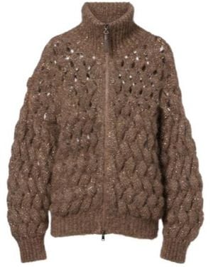 Brunello Cucinelli Open-Knit Sequined Mohair And Wool-Blend Cardigan - Brown