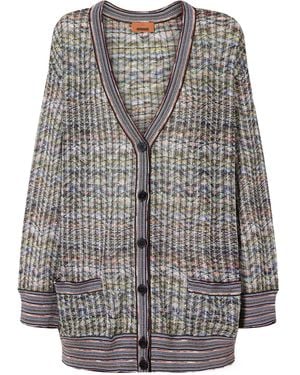 Missoni Striped Metallic Crochet-Knit Cardigan - Gray