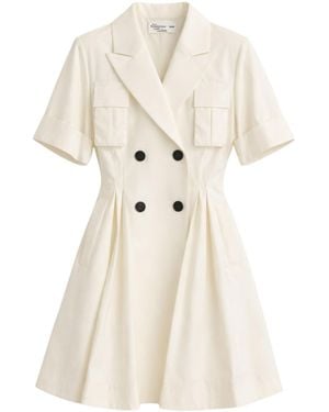 Sacai Short-Sleeved Dress With Collar And V-Neck, Flared Skirt And Patch Pockets - Natural