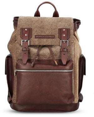 Brunello Cucinelli Burnished Calfskin And Chevron-Effect Techno Fabric City Backpack - Brown