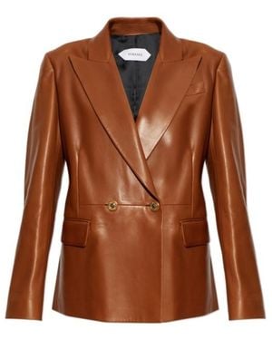 Versace Double-Breasted Leather Blazer - Brown