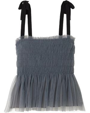 Molly Goddard Lydia Shirred Grosgrain-Trimmed Tulle Top - Blue