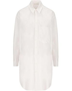 Palm Angels Logo Embellished Long-Sleeved Shirt Dress - White