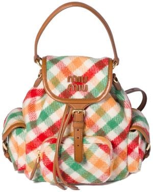 Miu Miu Plaid And Leather Backpack - Red