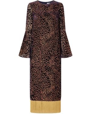 Borgo De Nor Astoria Fringed Leopard-Jacquard Devoré Midi Dress - Brown