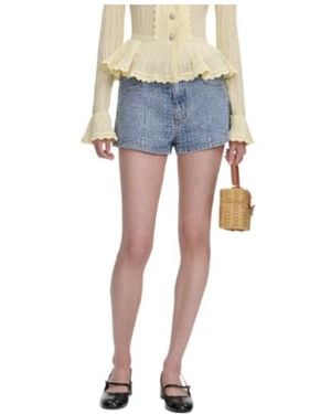 Self-Portrait Rhinestone Croc Effect Denim Shorts - Blue