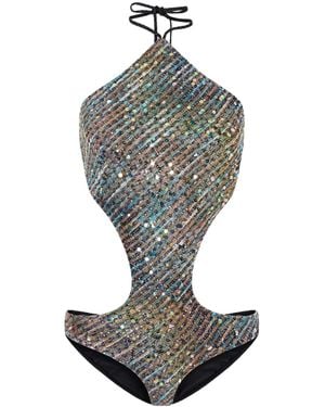 Missoni Cut-Out Sequin-Embellished Striped Metallic Halterneck Swimsuit - Grey
