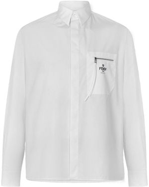 Fendi Logo Long-Sleeve Plain Shirt - White