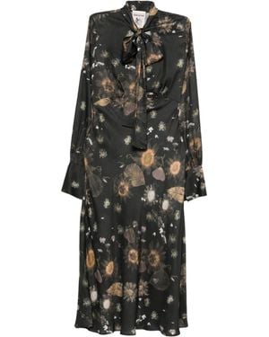 Semicouture Tie-Detail Floral-Print Midi Dress - Black