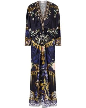 CAMILLA Gathered Embellished Printed Silk Maxi Dress - Black