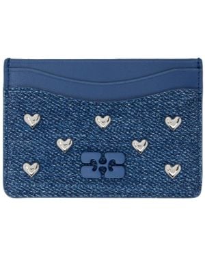 Ganni Bou Heart-Stud Denim Cardholder - Blue
