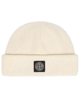 Stone Island Logo-Patch Ribbed-Knit Beanie Hat - Natural