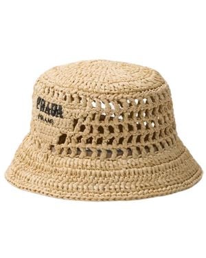Prada Logo Detailed Interwoven Bucket Hat - Natural