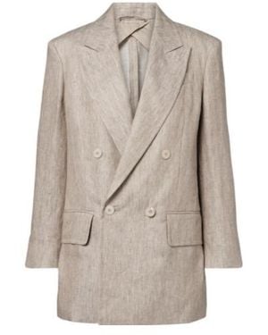Max Mara Double-Breasted Herringbone Linen Blazer - Natural