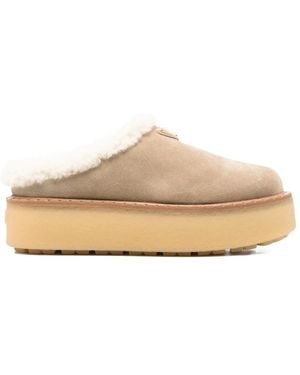 Prada Triangle-Logo Round-Toe Mules - Natural