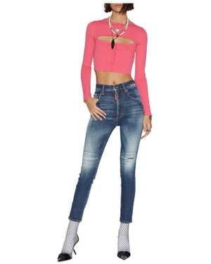 DSquared² Mid-Rise Slim-Fit Distressed Jeans - Pink