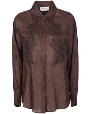 ERMANNO FIRENZE Sheer Embroidered Long Sleeve Shirt - Brown