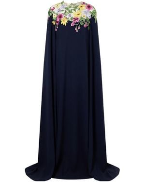 Oscar de la Renta Cape-Effect Floral-Embroidered Silk-Blend Georgette Gown - Blue