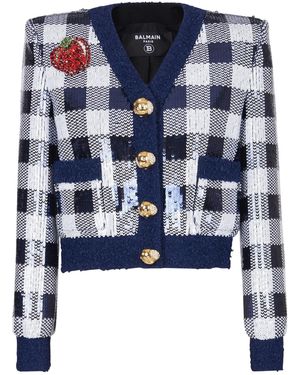 Balmain Sequin-Embellished Gingham Jacket with Brooch - Blue