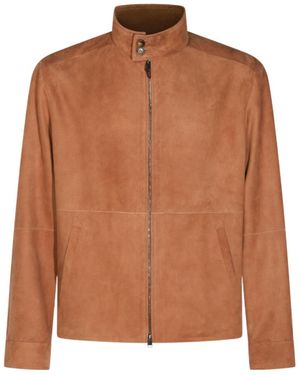 Canali Stand Collar Zip Jacket - Brown