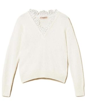 Twinset Laced Trim V-Neck Jumper - White