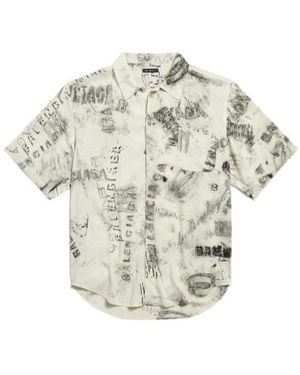 Balenciaga Oversized Washed Crayon Short-Sleeve Shirt - White