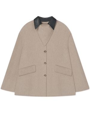 Nanushka Leather-Collar Button-Front Jacket - Brown