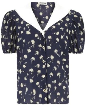 Miu Miu Short-Sleeved Crepe De Chine Blouse - Blue