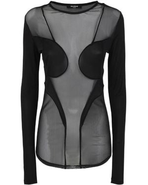 Balmain Ls Multi Cut Mix Mesh Top Clothing - Black