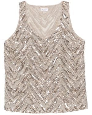 Brunello Cucinelli Sequin-Embellished Chevron Top - Natural