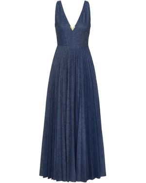 Valentino Vgold V-Neck Pleated Dress - Blue
