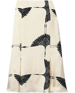 KHAITE Bird-Print Cupro Midi Skirt - Natural