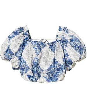Twinset Floral Puff-Sleeve Cropped Top - Blue