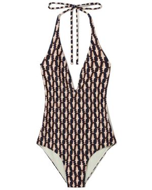 La DoubleJ Fish-Print Halter Swimsuit - White