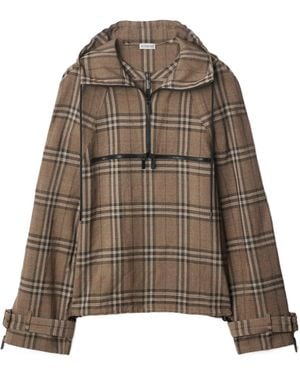 Burberry Checked Hooded Half-Zip Jacket - Brown