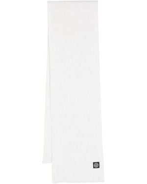 Stone Island Compass-Patch Ribbed-Knit Scarf - White