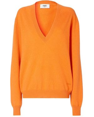 Fendi Logo Embroidered V-Neck Jumper - Orange