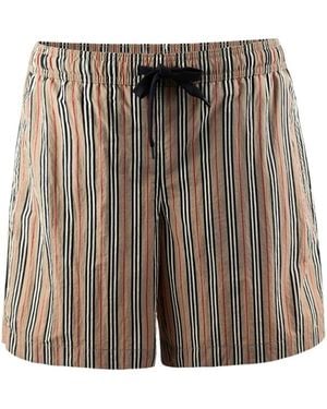 Burberry Striped And Plaid Print Swim Trunks - Brown