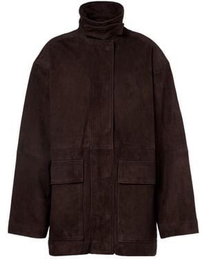 ROTATE BIRGER CHRISTENSEN High Collar Long Sleeve Leather Jacket - Brown