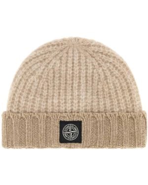 Stone Island Logo Patch Turn-Up Beanie - Natural