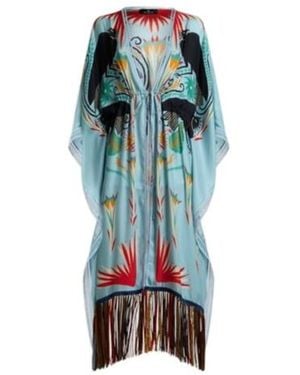 Etro X Tabby Booth Silk Kaftan With Fringing And Placed Print - Blue