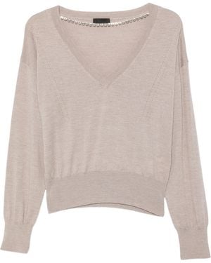 Liu Jo Crystal-Embellished V-Neck Sweater - Natural