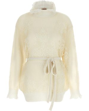 Twinset Jacquard Belted Turtleneck Knitted Sweater - White