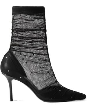 Jimmy Choo Lotta Ab 85 Crystal-Embellished Tulle And Satin Sock Boots - Black
