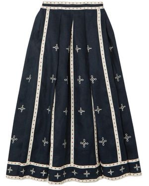 Vita Kin Gera Embroidered Linen Midi Skirt - Blue