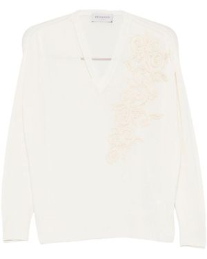ERMANNO FIRENZE Floral-Embroidered V-Neck Sweater - White