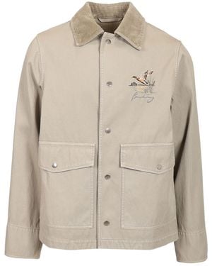 Burberry Motif-Embroidered Press Stud Shirt Jacket - Natural