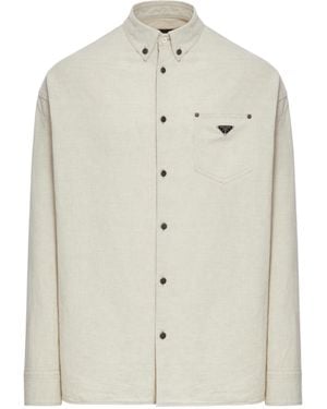 Prada Chambray Triangle-Logo Button-Up Shirt - White