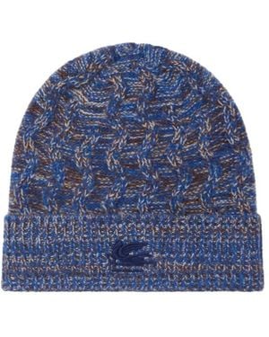 Etro Cashmere Beanie With Cable Detail And Pegaso Embroidery - Blue